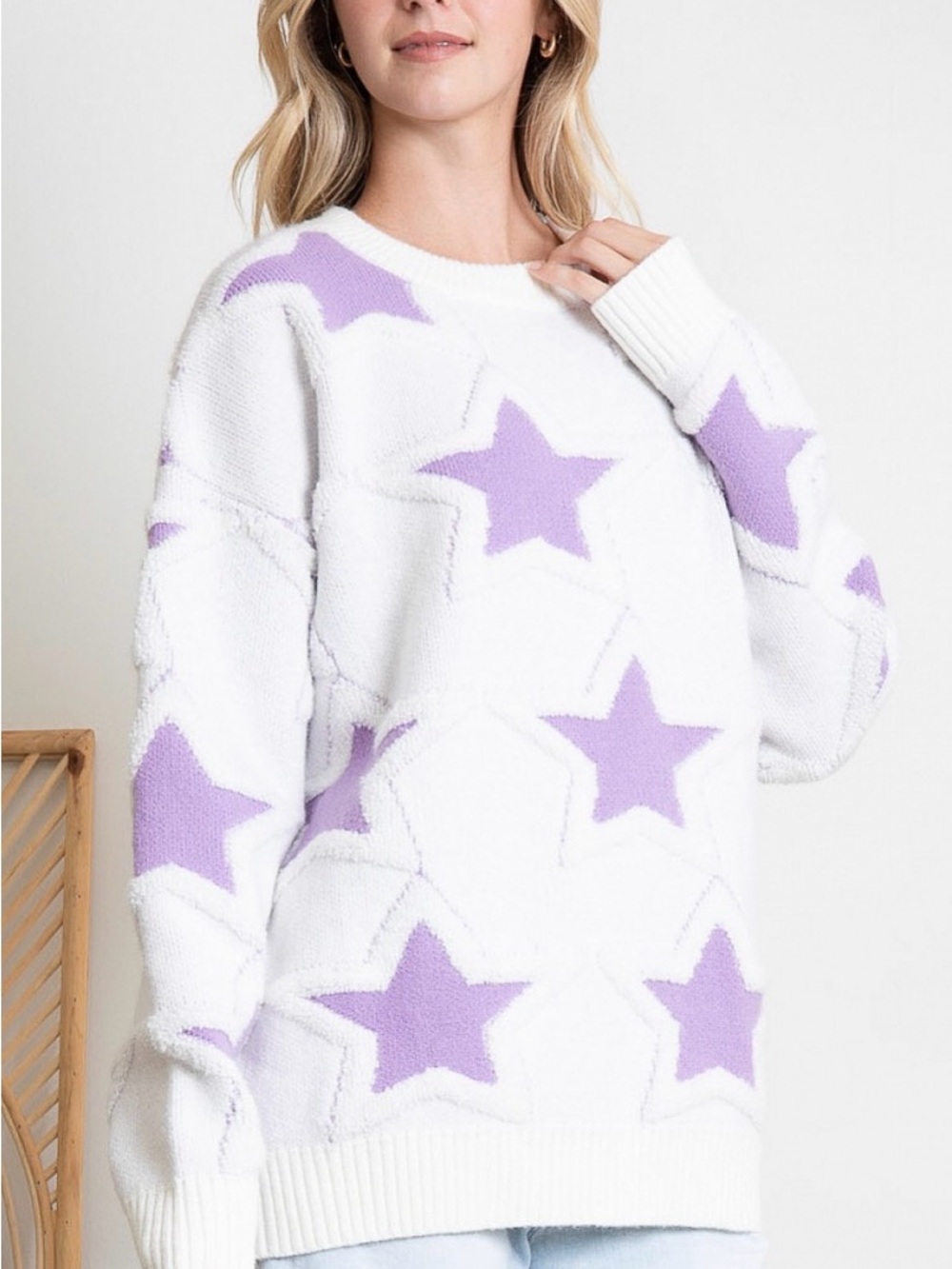 Blue Velvet Cozy White Star Knit Sweater with Lavender Stars